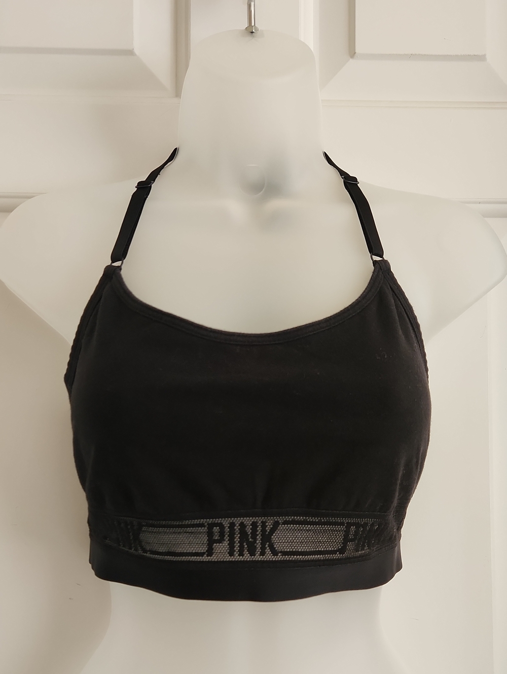 PINK Victoria's Secret Bralette Sporty T-Back Black Mesh-Band Sports Bra Size L